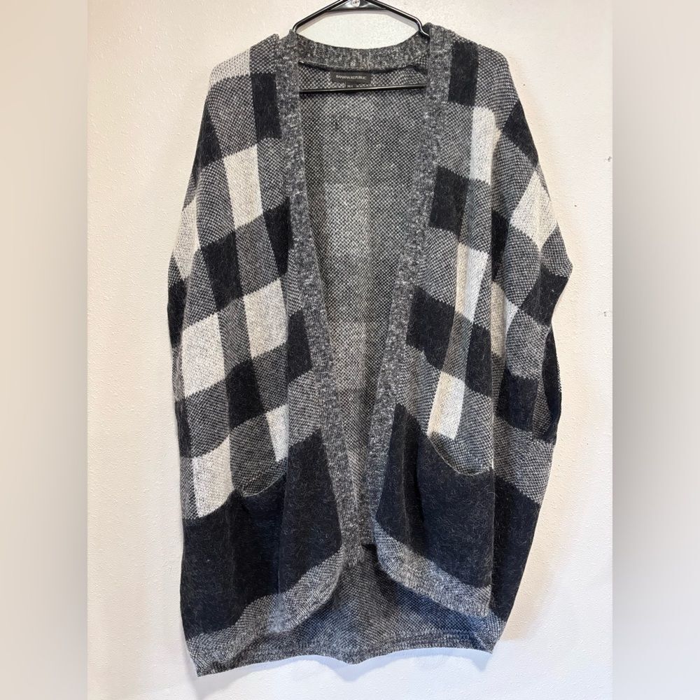 Mohair Wool Blend Banana Republic Oversized Cardigan VestCheckered Black Gray